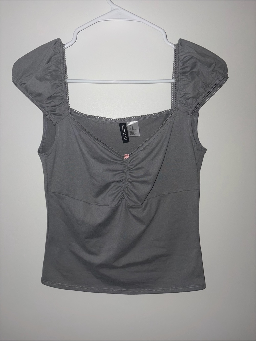 H&M Gray Ruched Puff-Sleeve Crop Top
